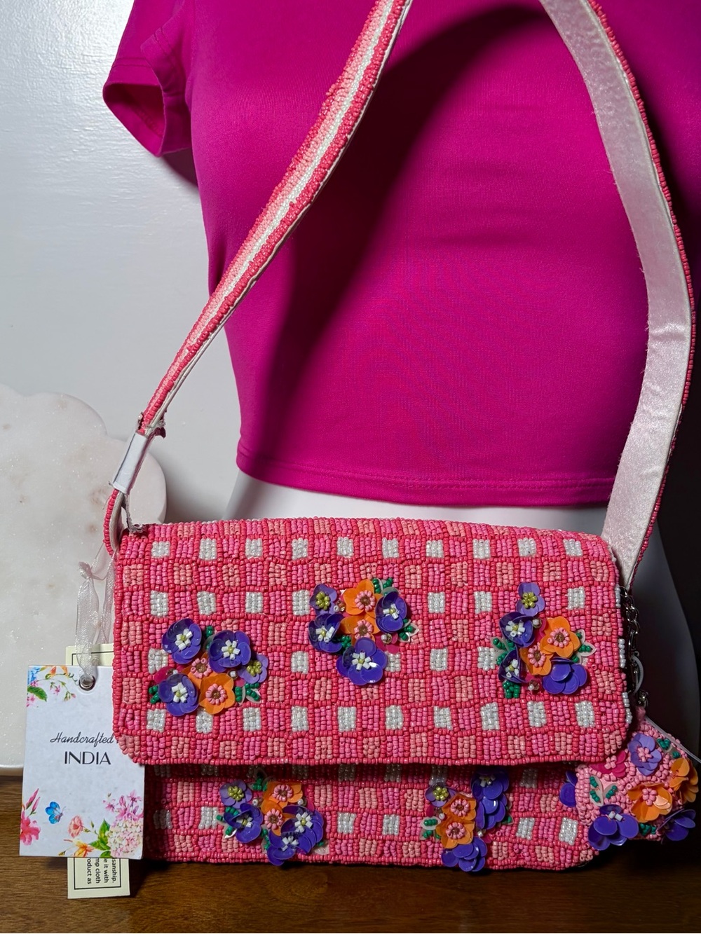 VIRAL BEADED BAG - PINK FLORAL CHECKERS 2026